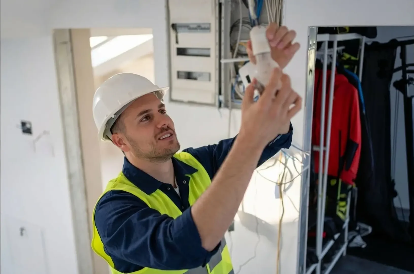 panel upgrade cost: A professional electrician from RJ & Son Electric wearing a hard hat and safety vest while installing a new light fixture during a home renovation.