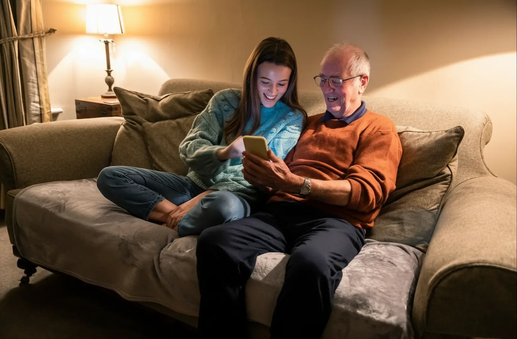 Energy-Efficient Lighting: A young woman and an older man sitting on a sofa at night, smiling while looking at energy data on a smartphone.