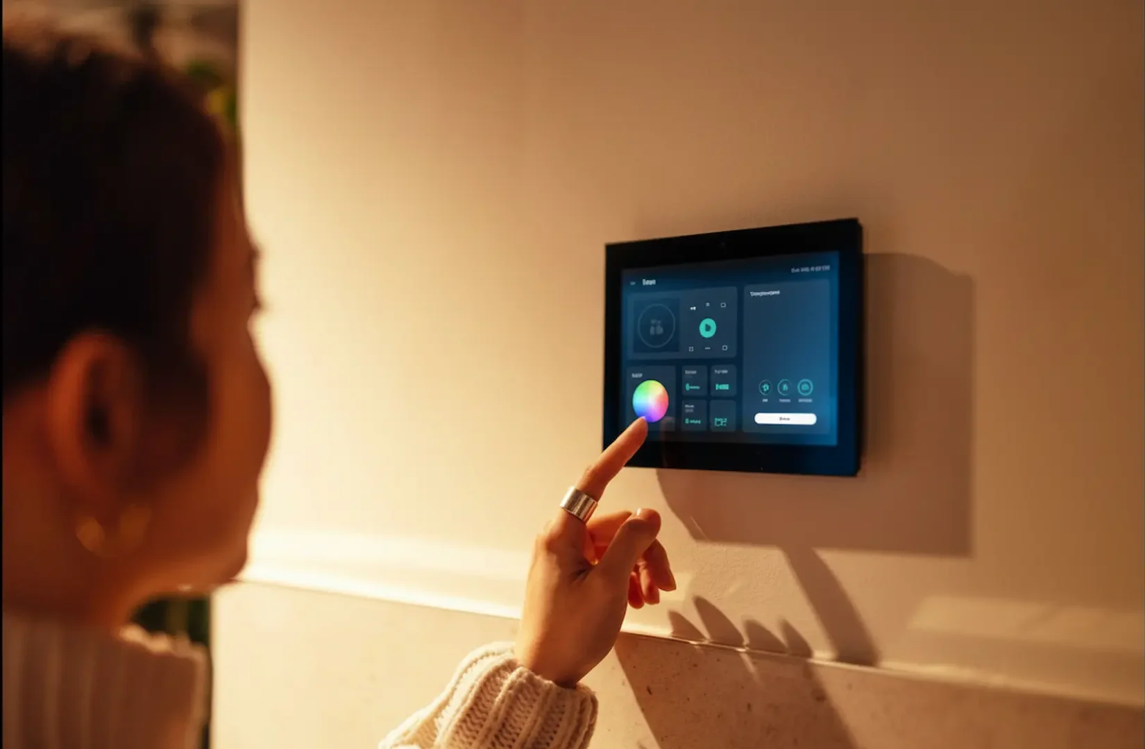 Panel Replacement: Close-up of a user’s hand adjusting a wall-mounted digital touch screen for integrated smart home lighting and automation.