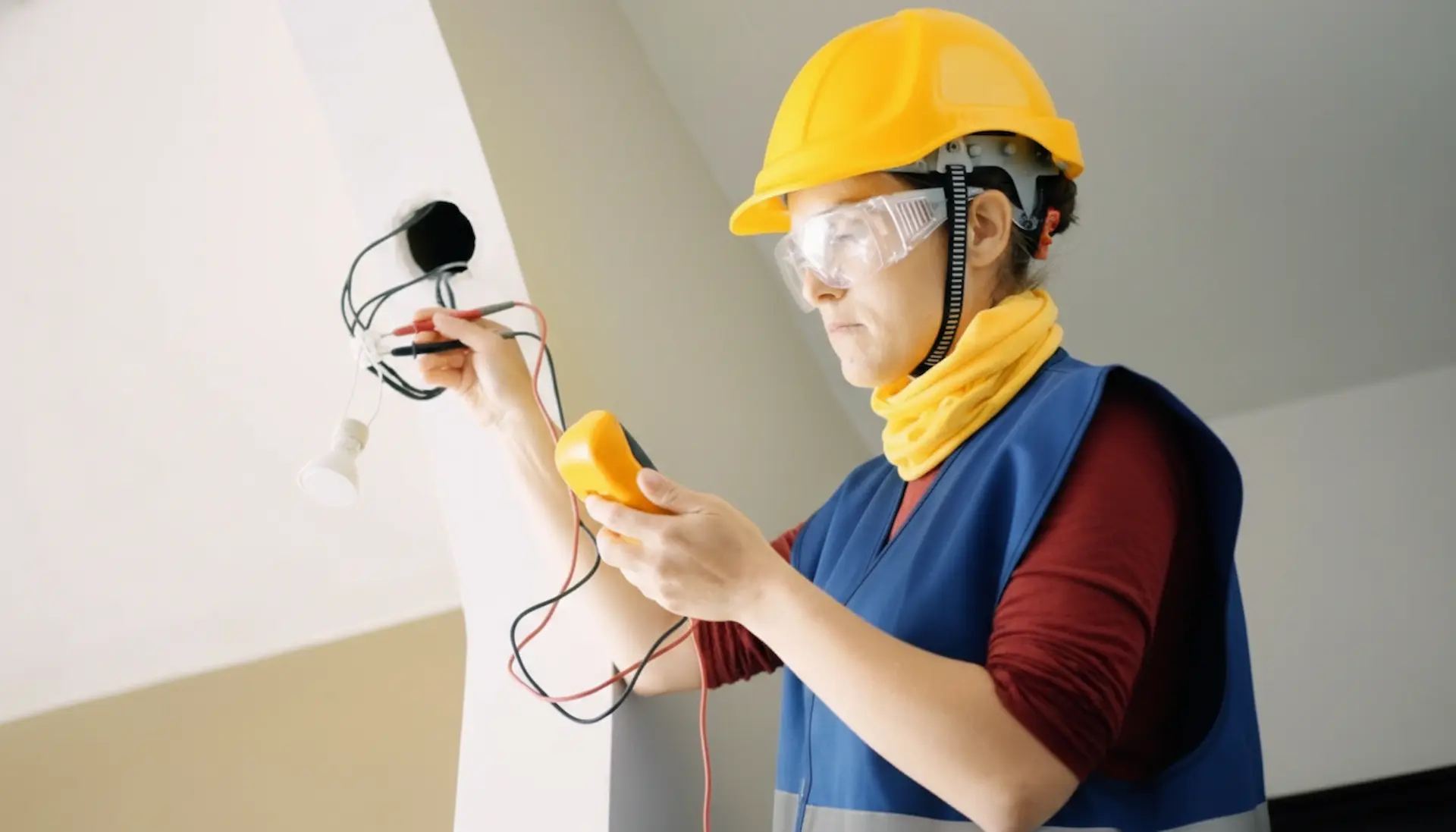A female electrician wearing safety goggles and a hard hat using a digital multimeter to test a light fixture's wiring during a home inspection.