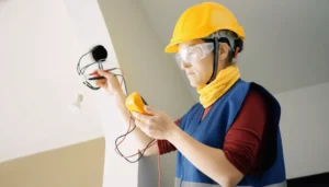 A professional electrician wearing safety gear using a multimeter to perform electrical troubleshooting, demonstrating why it is essential to hire the right licensed electrician for home safety and code compliance.