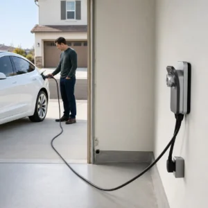 Home EV charger connected to an electric car in a Mount Sinai driveway