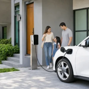 Family beside a residential EV charger connected to an electric car at a Stony Brook home