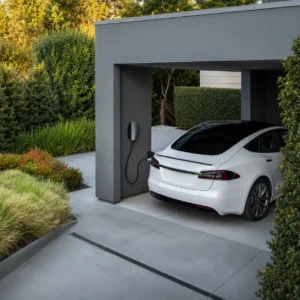 EV charger charging a white electric car beneath a modern home carport in Holbrook, NY