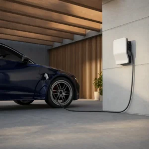 EV charger powering an electric car in a modern home garage in Coram, NY