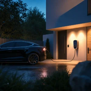EV charger powering an electric car outside a modern Lake Grove home at night