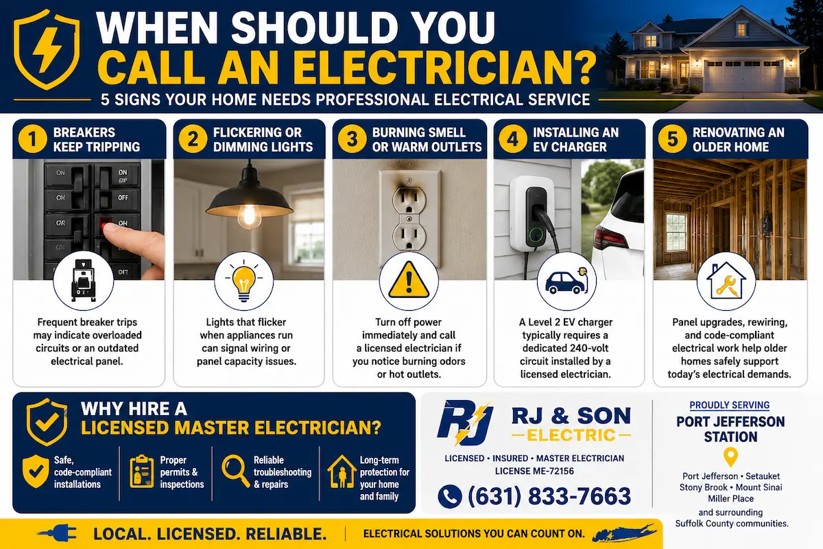 Infographic explaining when to call an electrician in Port Jefferson Station, highlighting common signs such as tripping breakers, flickering lights, burning smells, EV charger installation, older home electrical upgrades, and the benefits of hiring a licensed Master Electrician.