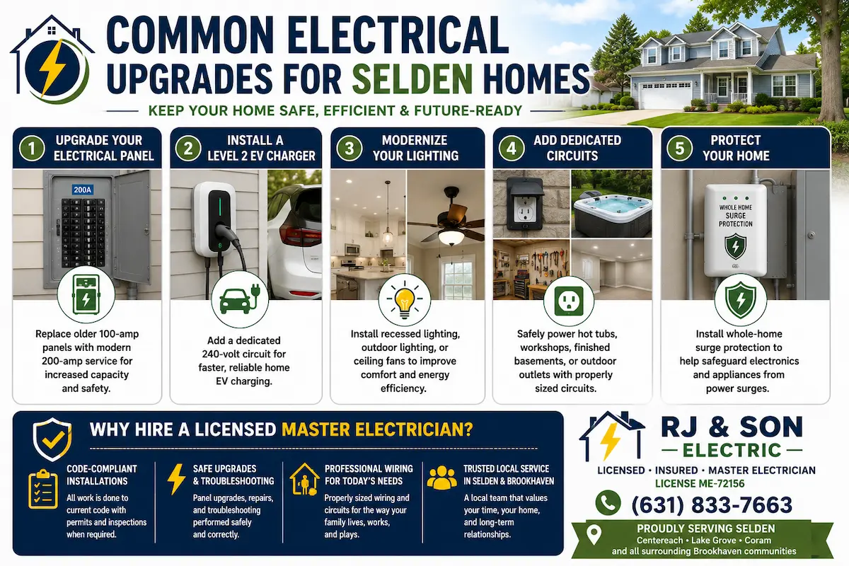 Infographic highlighting services from an electrician in Selden, including electrical panel upgrades, Level 2 EV charger installation, lighting improvements, dedicated circuits, whole-home surge protection, and the benefits of hiring a licensed Master Electrician for safe, code-compliant electrical work.