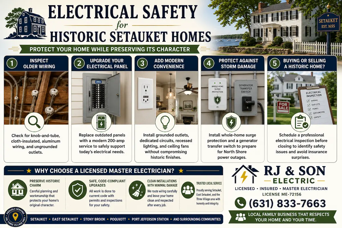 Infographic highlighting services from an electrician in Setauket, including older wiring inspections, 200-amp electrical panel upgrades, modern outlet and lighting installations, whole-home surge protection, generator transfer switches, home electrical inspections, and the benefits of hiring a licensed Master Electrician for historic homes.