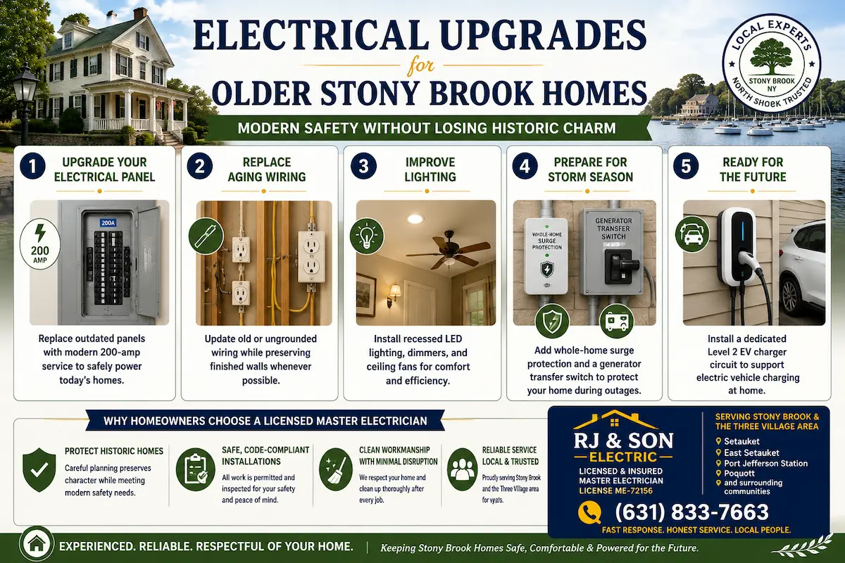 Infographic highlighting services from an electrician in Stony Brook, including electrical panel upgrades, replacing aging wiring, lighting improvements, whole-home surge protection, generator transfer switches, EV charger installation, and the benefits of hiring a licensed Master Electrician for older homes.